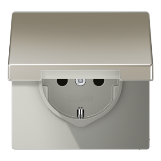 Штепсельная розетка SCHUKO 16А / 250В с защитными шторками, с подпружиненной откидной крышкой, пружинные зажимы, возможно IP44, металл, нержавеющая сталь, Edelstahl