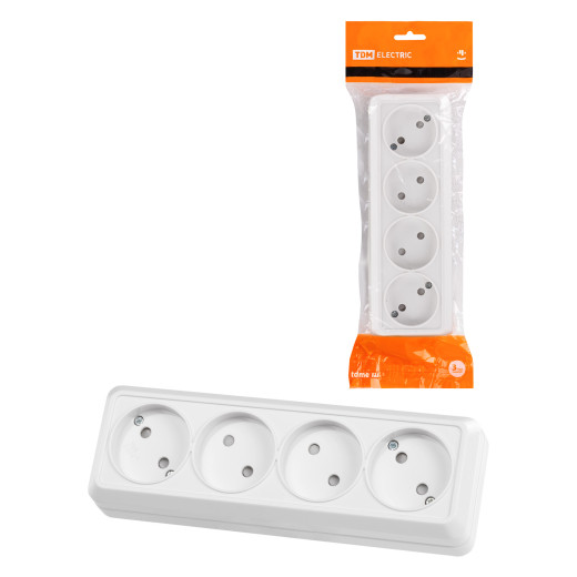 Розетка 4-х местная горизонтальная 2П открытой установки IP20 10A с з/ш белая 