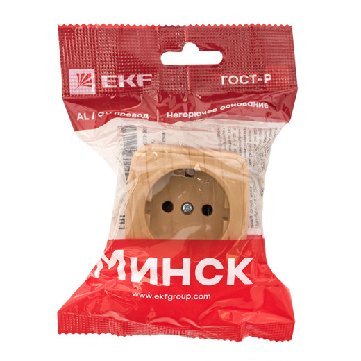 Розетка 1-местная ОП Минск 16А с заземлением светлое дерево EKF