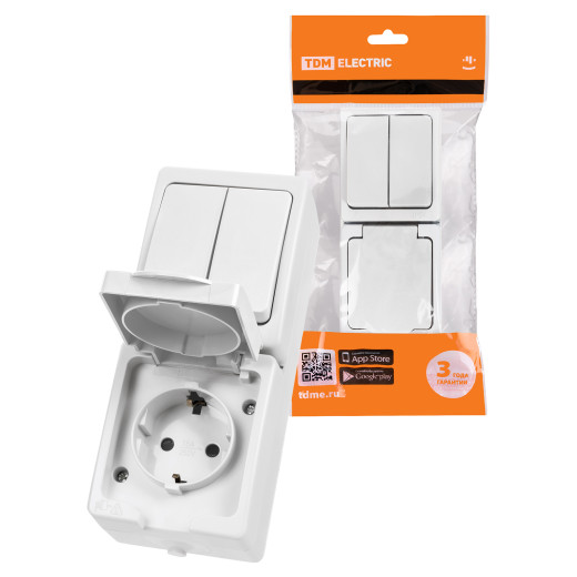 Блок (вертикальный) выключатель 2-кл. + розетка 2П+З с з/ш БКВР IP54 белый 