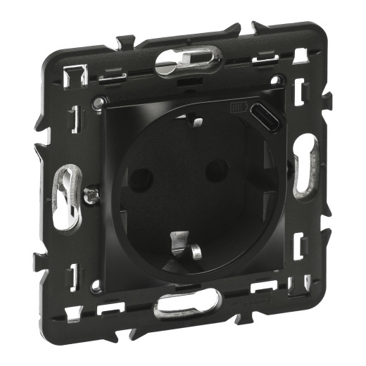 Розетка 2К+3 с USB-C - Программа Mosaic - немецкий стандарт - с суппортом - матовая черная