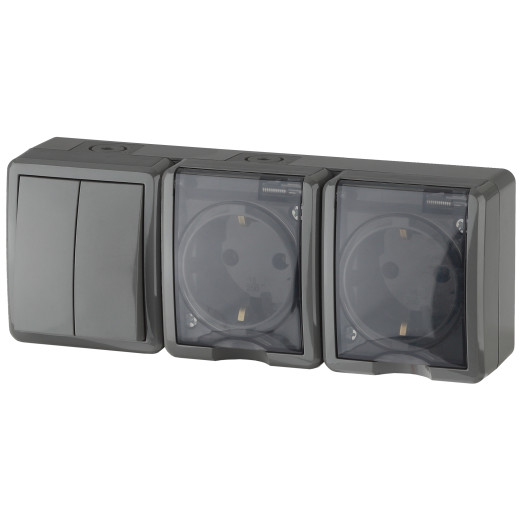 Блок две розетки + выключатель ЭРА Эксперт 11-7404-03 двойной IP54 16A-10AX-250В ОУ серый