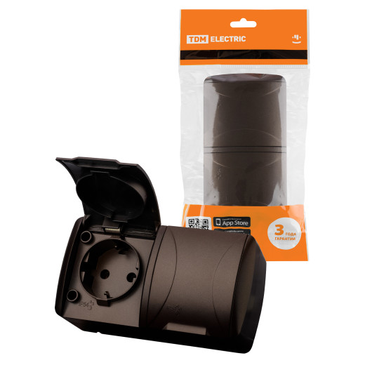 Розетка двойная 2П+3 открытой установки IP54 16А с крышкой шоколад 