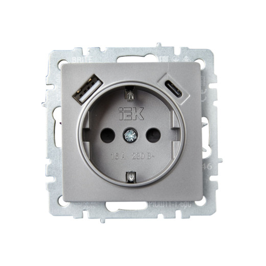 BRITE Роз. с з/к/ш 16А с USB A+C 18Вт РЮш11-1-БрС сталь IEK