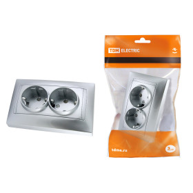 TDM Розетка двойная 2П+З 16А 250В с защ. шт. серебр. металлик 