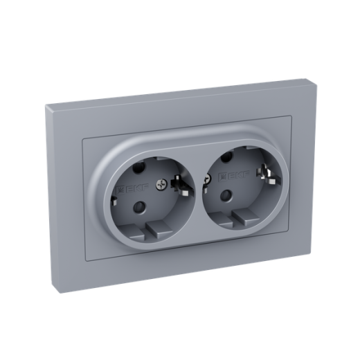 Механизм розетки двойной, 16А, с заземлением, со шторками, с рамкой, алюминий Эпика EKF