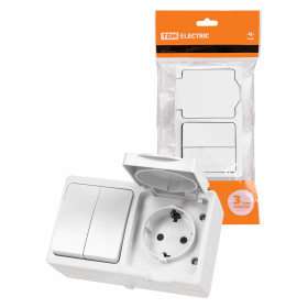 TDM Блок (горизонтальный) выключатель 2-кл. + розетка 2П+З с з/ш БКВР IP54 белый 