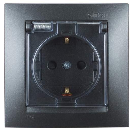 Розетка с заземлен. 2Р+Е, с защитными шторками, с крышкой, IP44, 16А, 250В, винт. зажим, графит