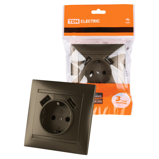 Розетка 2П+З 16А 250В + 2 USB порта 2,1А 5В бронза 