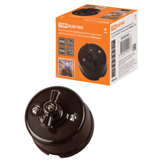 Выключатель фарфоровый поворотный 2-кл. с ручкой (бантик) 10А коричневый «Болонь» TDM
