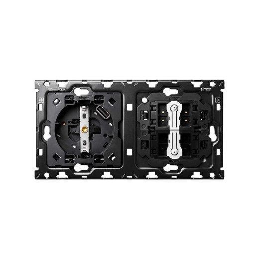Simon 100 Кит 2 поста механизм 1 розетка Schuko с з/у USB SC 2.1А  + 2 переключателя (проходные) + суппорт