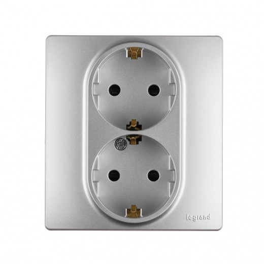 Розетка двойная с заземлением - Legrand Etika - со шторками в сборе 16А 250В безвинтовые зажимы - алюминий
