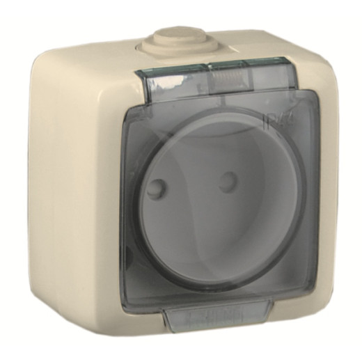 РА16-202-01 Розетка открытой установки, одноместная, со шторкой, брызгозащищенная, цвет слоновая кость