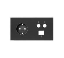 Simon 100 Черный матовый Кит 2 поста, фронт. Накладка на 1 розетку Schuko + 1 розетку TV + 1 розетку RJ45