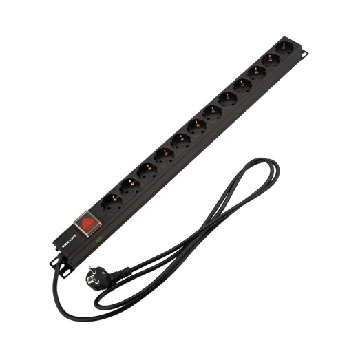 Блок распределения питания PDU вертикальный 12 розеток СЕЕ 7/4 Schuko 16A выкл алюм корп шнур 2м вилка СЕЕ 7/7 Schuko черный REXANT