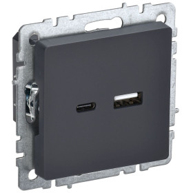 IEK BRITE BASE Графит Розетка USB A+C 18Вт РЮ11-1-БрГ