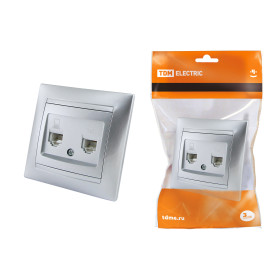 TDM Розетка телефонная RJ11 + компьютерная RJ45 серебр. металлик 