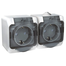 Systeme Electric Этюд наруж Бел Розетка 2-я с/з со шторками, с крышкой IP44