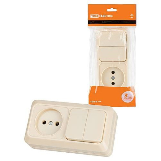 Блок комбинированный выкл. 2-кл. 10А + розетка 2П 10А 250В БКВР IP20 сл. кость 