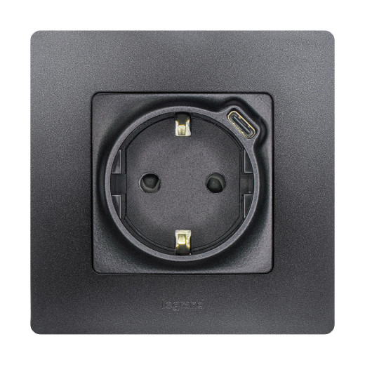 Розетка с заземлением с USB тип C - Legrand Etika - со шторками 16А 250В 1500мА 7,5Вт безвинтовые зажимы - антрацит