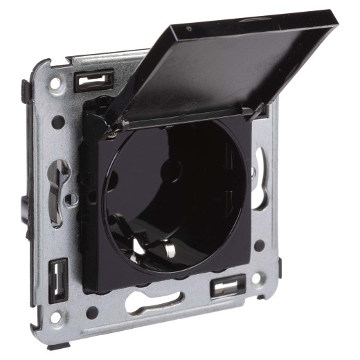 Розетка с крышкой в стену, 2P+E, с з/ш, Avanti, черный квадрат