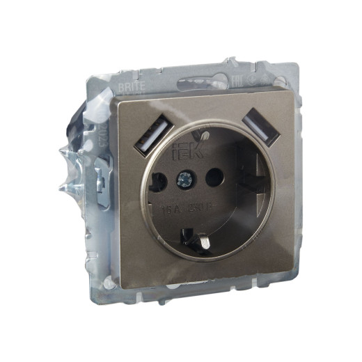 BRITE Роз. с з/к/ш 16А с USB A+A 2,1А РЮш10-1-БрШ шамп. IEK