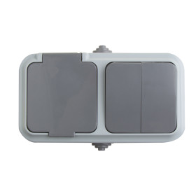 REXANT Выключатель двухклавишный + розетка влагозащищенная для открытой установки IP 54, выключатель 10 А,розетка б/з 16 А..