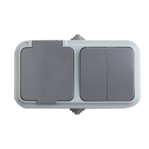 Выключатель двуxклавишный + розетка влагозащищенная для открытой установки REXANT IP54, выключатель 10 А, розетка б/з 16 А, 2В-РЦ-655(03)