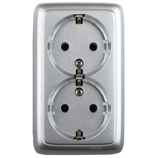 РА16-181-06 Розетка открытой установки, двухместная, с заземляющим контактом, цвет серебро