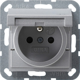 Gira S-55 Алюминий Розетка с/з, с затвором (shutter) и символом  и крышкой