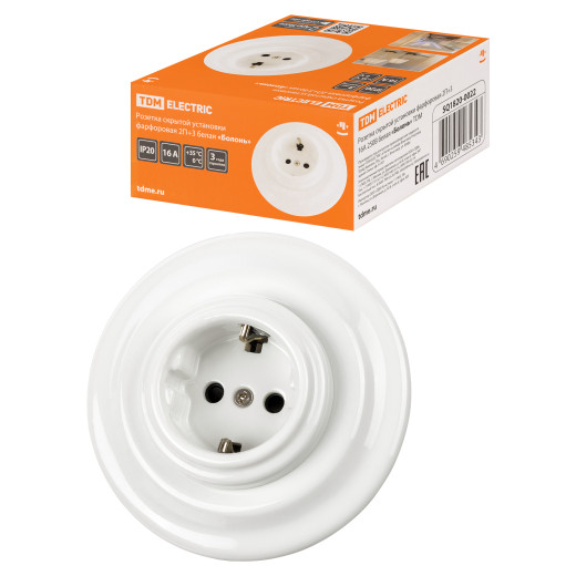 Розетка скрытой установки фарфоровая 2П+З 16А 250В белая «Болонь» TDM