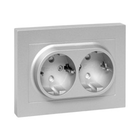 EKF Эпика Механизм розетки двойной, 16А, с заземлением, со шторками, с рамкой, алюминий.