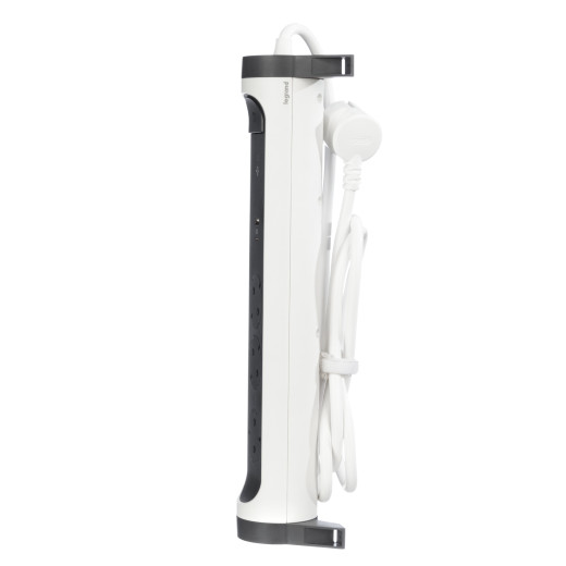 Удлинитель с заземлением Legrand 3 розетки с кабелем 1,5 м., с 2xUSB A+C (3А) зарядками, защитой от импульсных перенапряжений, кнопкой включения и поворотным основанием, цвет: бело-черный