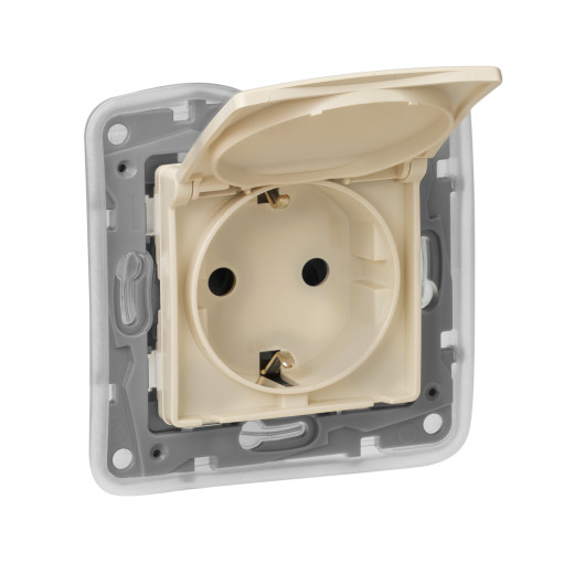 Розетка с заземлением IP44 - Legrand Etika - со шторками с защитной крышкой 16А 250В безвинтовые зажимы - слоновая кость