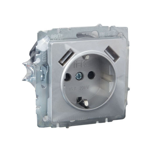 BRITE Роз. с з/к/ш 16А с USB A+A 2,1А РЮш10-1-БрА алюм. IEK