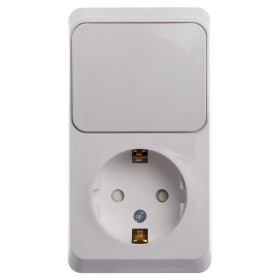 Systeme Electric Этюд наруж Бел Блок: Розетка с/з со шторками + выключатель 1-клавишный