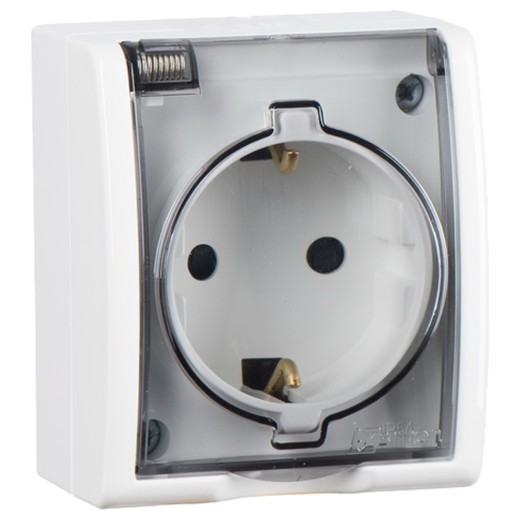 Simon15 Aqua Белый Розетка 1-я с/з с крышкой наружная,IP54