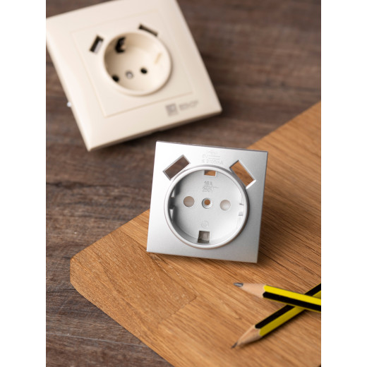 Валенсия лицевая панель розетки 1-местной с/з 16А сталь с защ. штор. с 2 USB 2,1А EKF PROxima