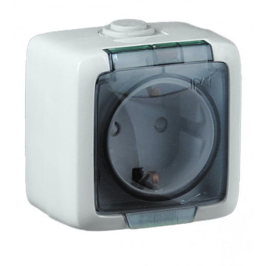 РА16-212 Розетка открытой установки, одноместная, с заземляющим контактом, со шторкой, брызгозащищенная, цвет белая