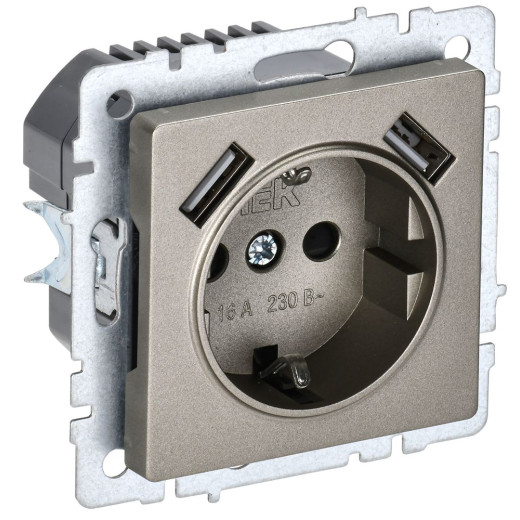 BRITE Роз. с з/к/ш 16А с USB A+A 2,1А РЮш10-1-БрШ шамп. IEK