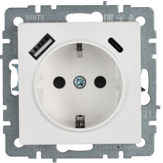 BRITE Роз. с з/к/ш 16А с USB A+C 18Вт РЮш11-1-БрБ бел. IEK