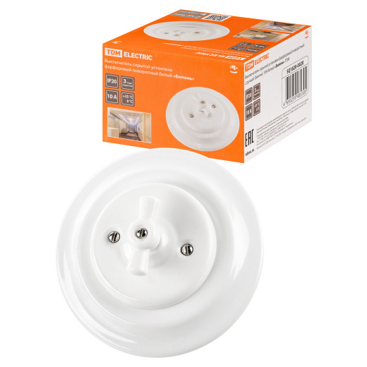 Выключатель скрытой установки фарфоровый поворотный с ручкой (бантик) 10А белый «Болонь» TDM