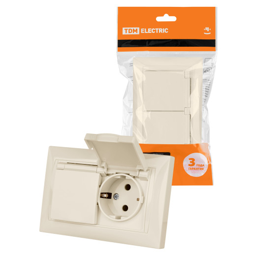 Розетка двойная 2П+З 16А 250В IP44 с защ. шт. с крышкой сл. кость 