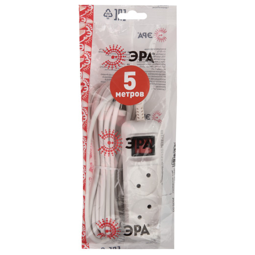 Удлинитель электрический ЭРА U-2s-5m-2x1 без заземления c выключателем 2 розетки 5м ПВС 2x1мм2 10А