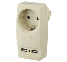 ЭРА Разветвитель электрический SP-1e-USB-I на 1 розетку + 2 USB с заземлением 16А сл. кость