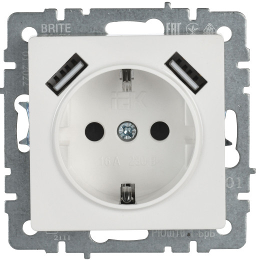 BRITE Роз. с з/к/ш 16А с USB A+A 2,1А РЮш10-1-БрБ бел. IEK