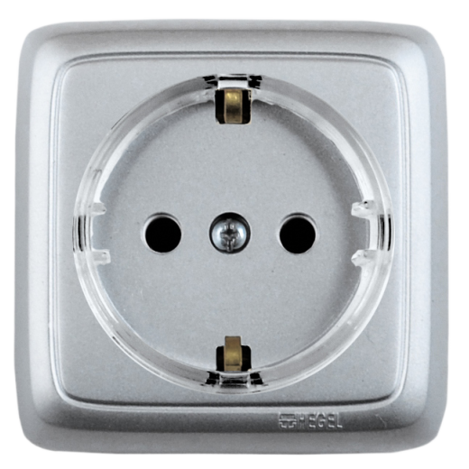 РА16-171-06 Розетка открытой установки, одноместная, с заземляющим контактом, цвет серебро