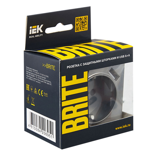 BRITE Роз. с з/к/ш 16А с USB A+A 2,1А РЮш10-1-БрС сталь IEK