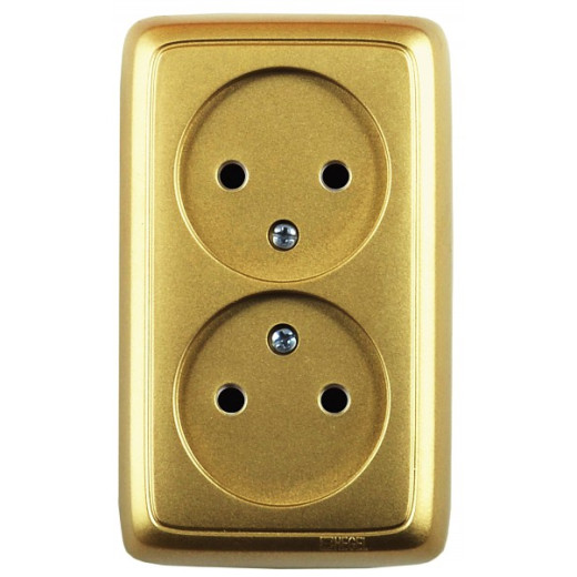 РА16-144-07 Розетка открытой установки, двухместная, со шторкой, с изолирующей пластиной, цвет золото