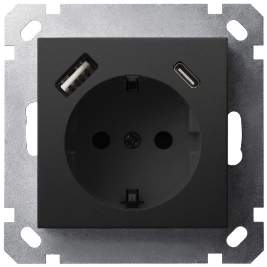 G Черный матовый Розетка с/з со шторками 16A c USB A+C 25W